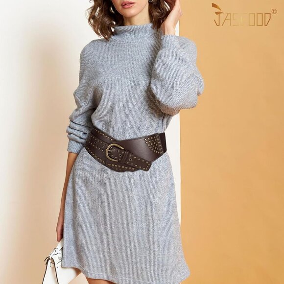 Women Vintage Wide Elastic Studded Stretchy Waist Belt Rivet Metal Buckle Coffee